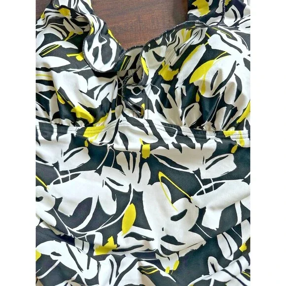 DKNY Women's Ruffle Neck One-Piece Swimsuit Fluorescent Yellow Black & White XL - Picture 5 of 10